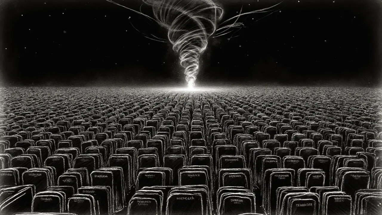 Vast digital grid of wallet addresses, some disappearing into a black hole labeled Tornado Cash.