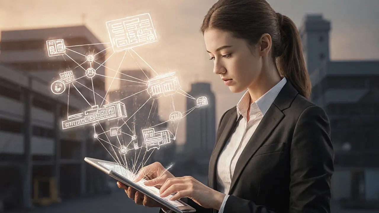 Woman using a tablet as floating smart contracts and supply chain nodes appear as glowing lines in the air.