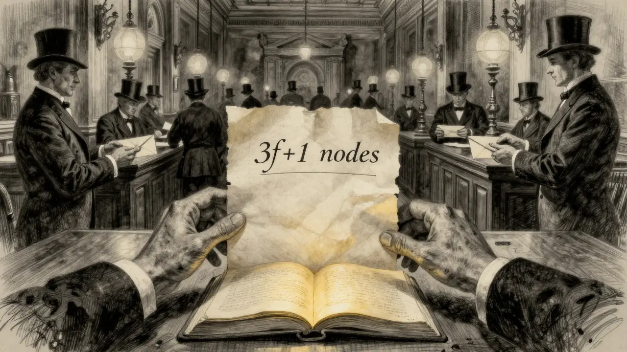 19th-century bankers exchanging documents in a dim hall, a glowing ledger at center with '3f+1' written on parchment.