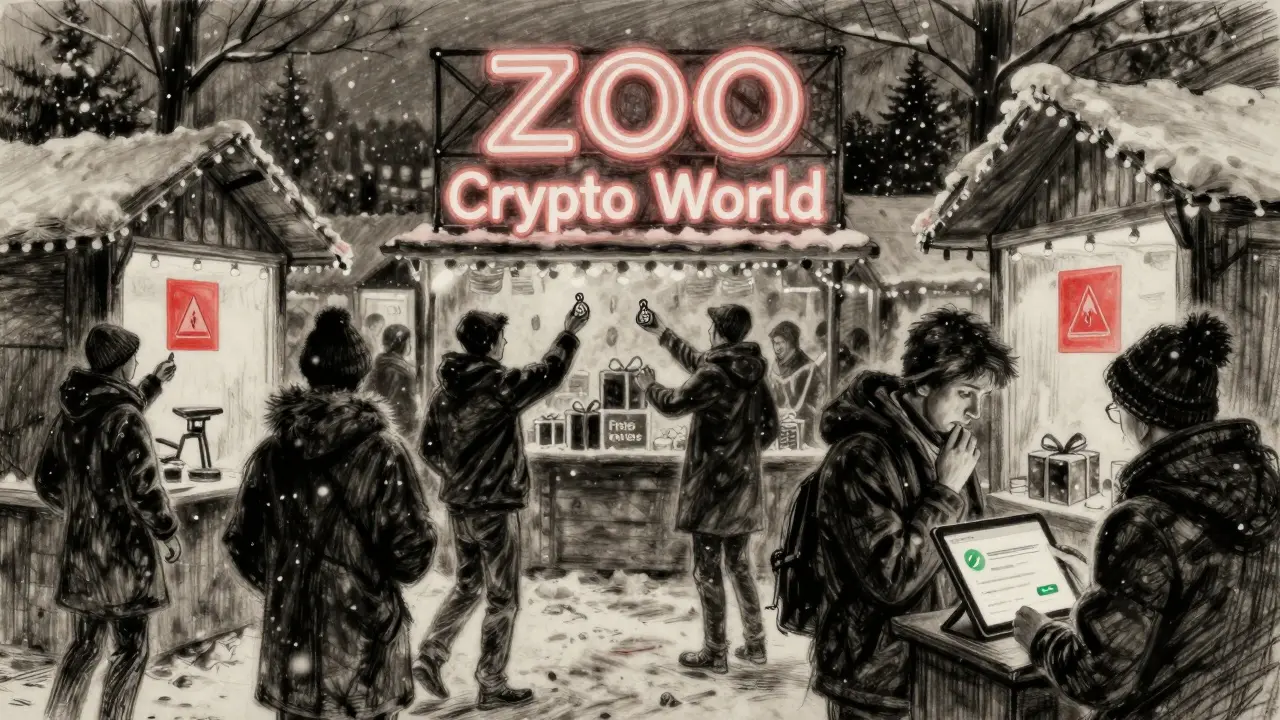 A crowded digital Christmas market with figures exchanging tokens under a neon ZOO Crypto World sign, snow falling softly.