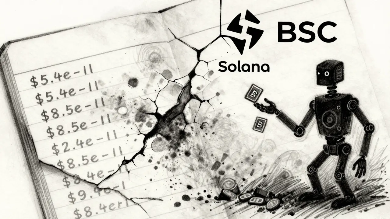 A crumbling ledger with fake crypto prices bleeding into smudges, surrounded by broken blockchain logos.