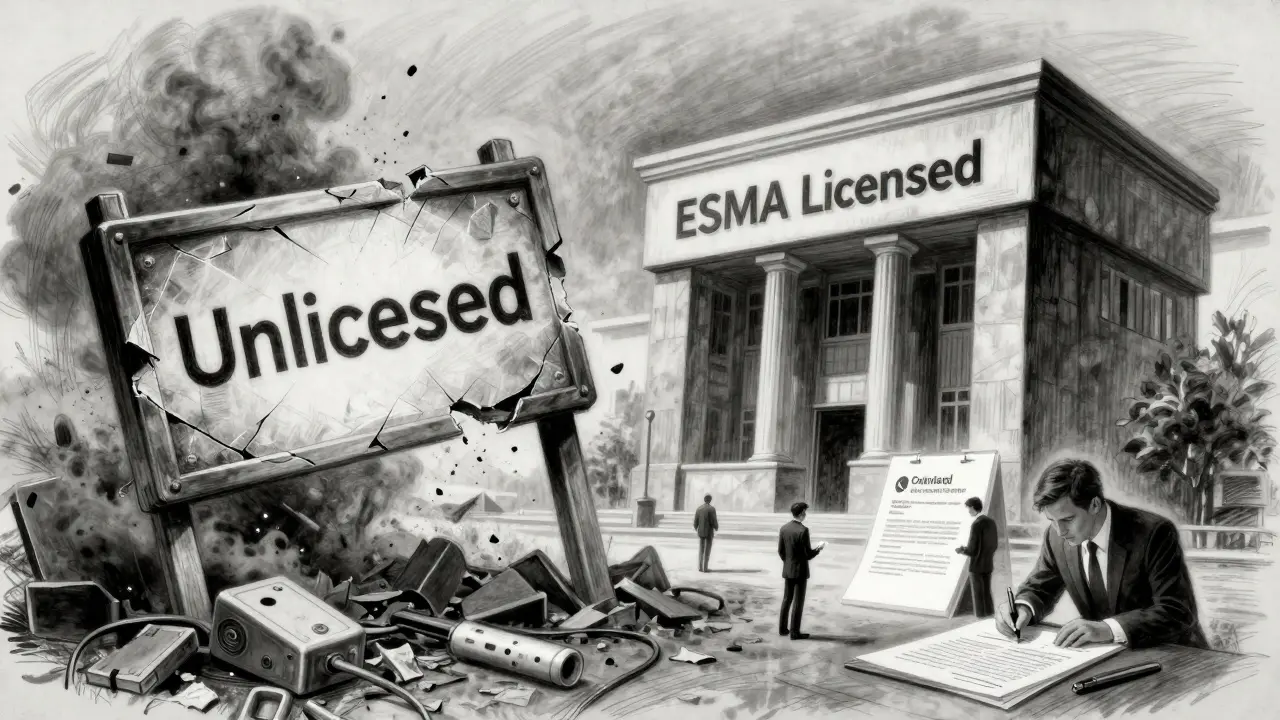 A crumbling unlicensed exchange collapsing as a compliant one rises, with compliance tools glowing faintly in foreground.