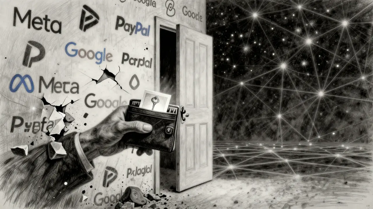 A hand breaking through corporate logos to reveal a key and NFT, symbolizing digital ownership.