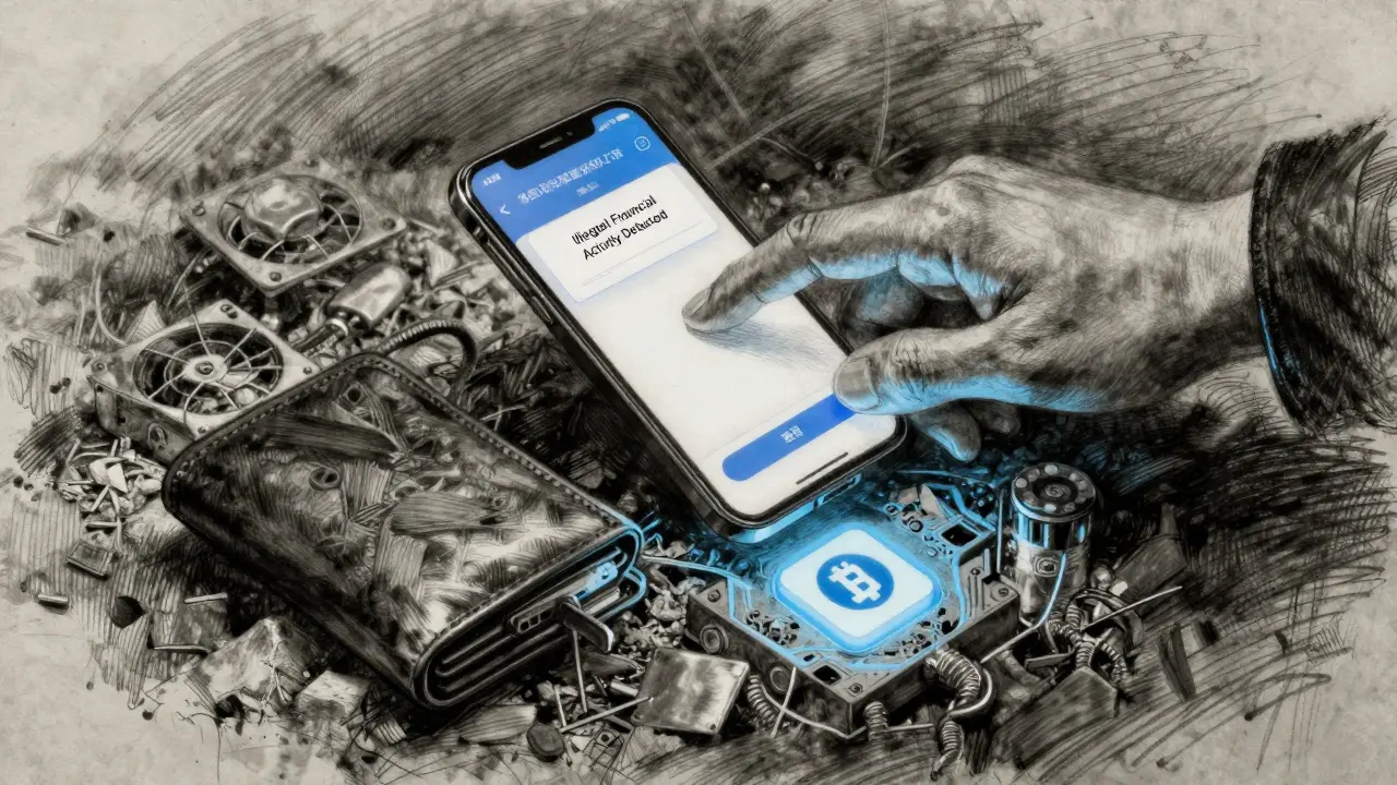 A hand over a phone showing a blocked transaction, with a cold wallet and mining hardware buried in ash.