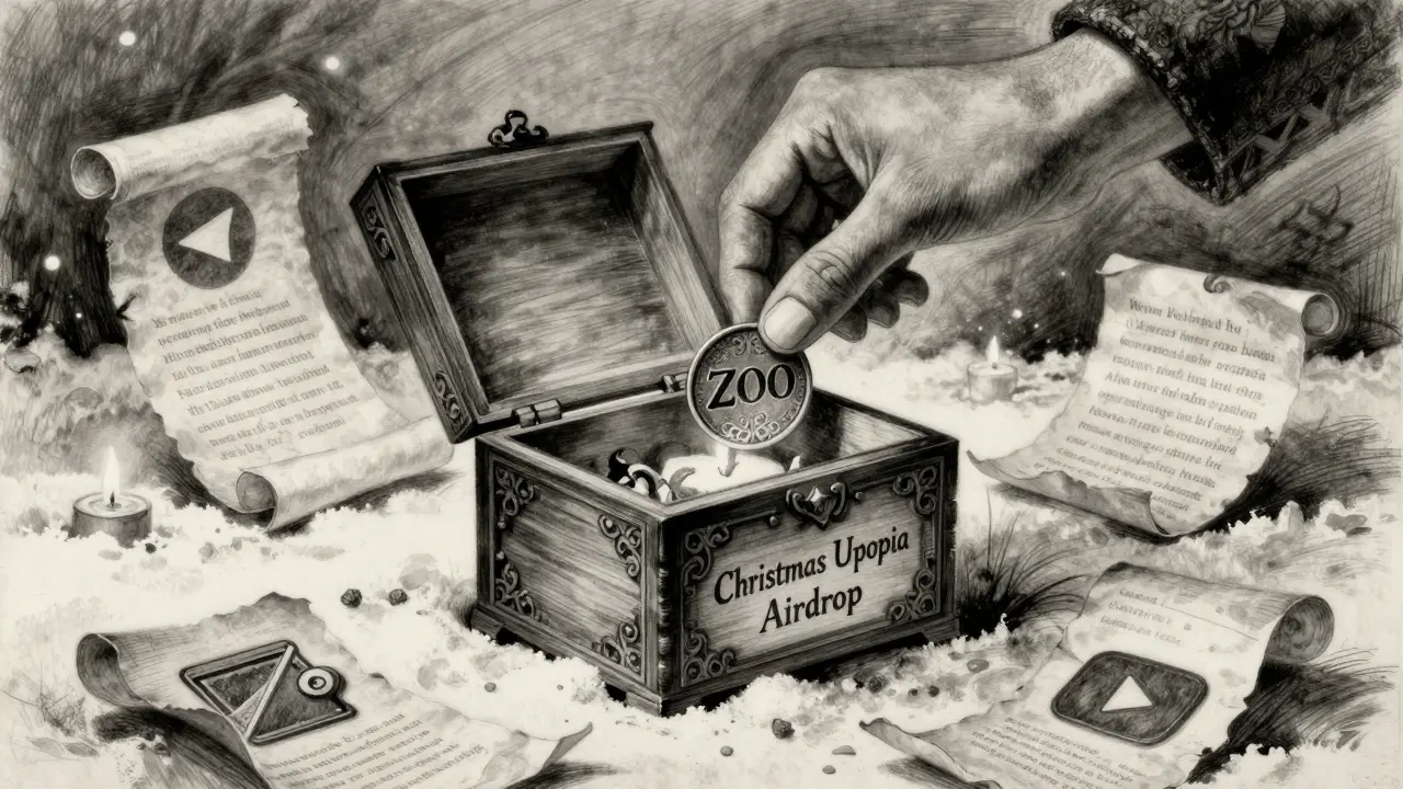 A hand placing a ZOO token into a wooden box labeled 'Christmas Utopia Airdrop' amid scattered step-by-step guides in snow.