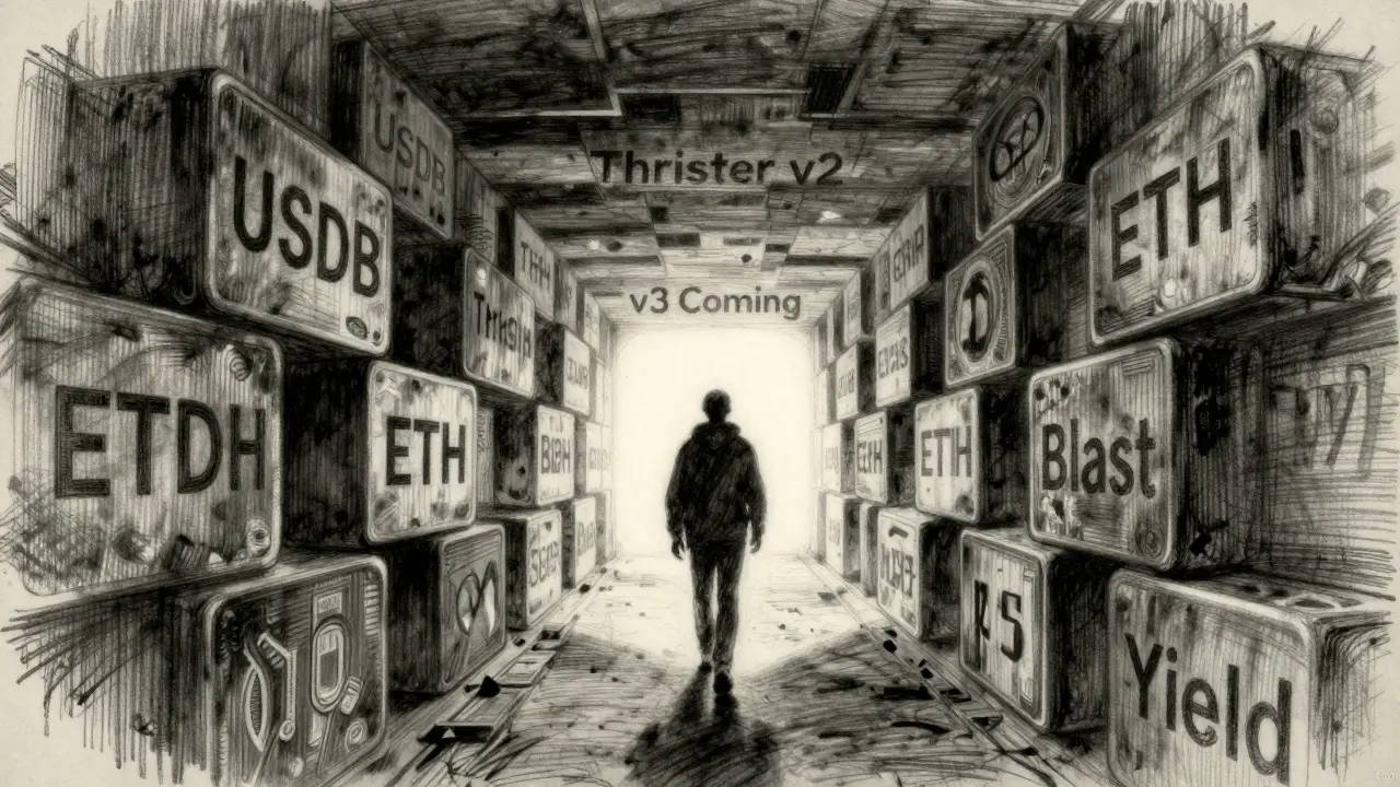 A lone figure walking through a narrow blockchain tunnel labeled with Thruster v2 and v3.