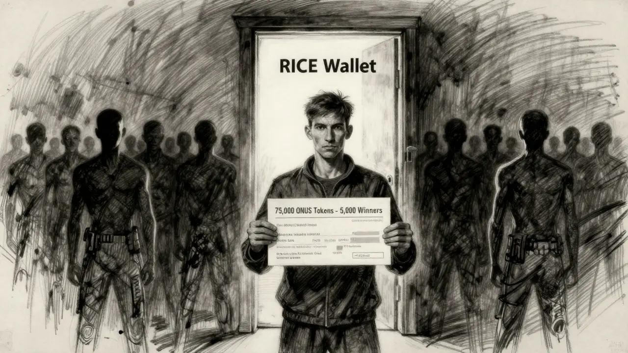 A lone winner before a glowing RICE Wallet door, surrounded by fading crowds, in detailed charcoal shading.