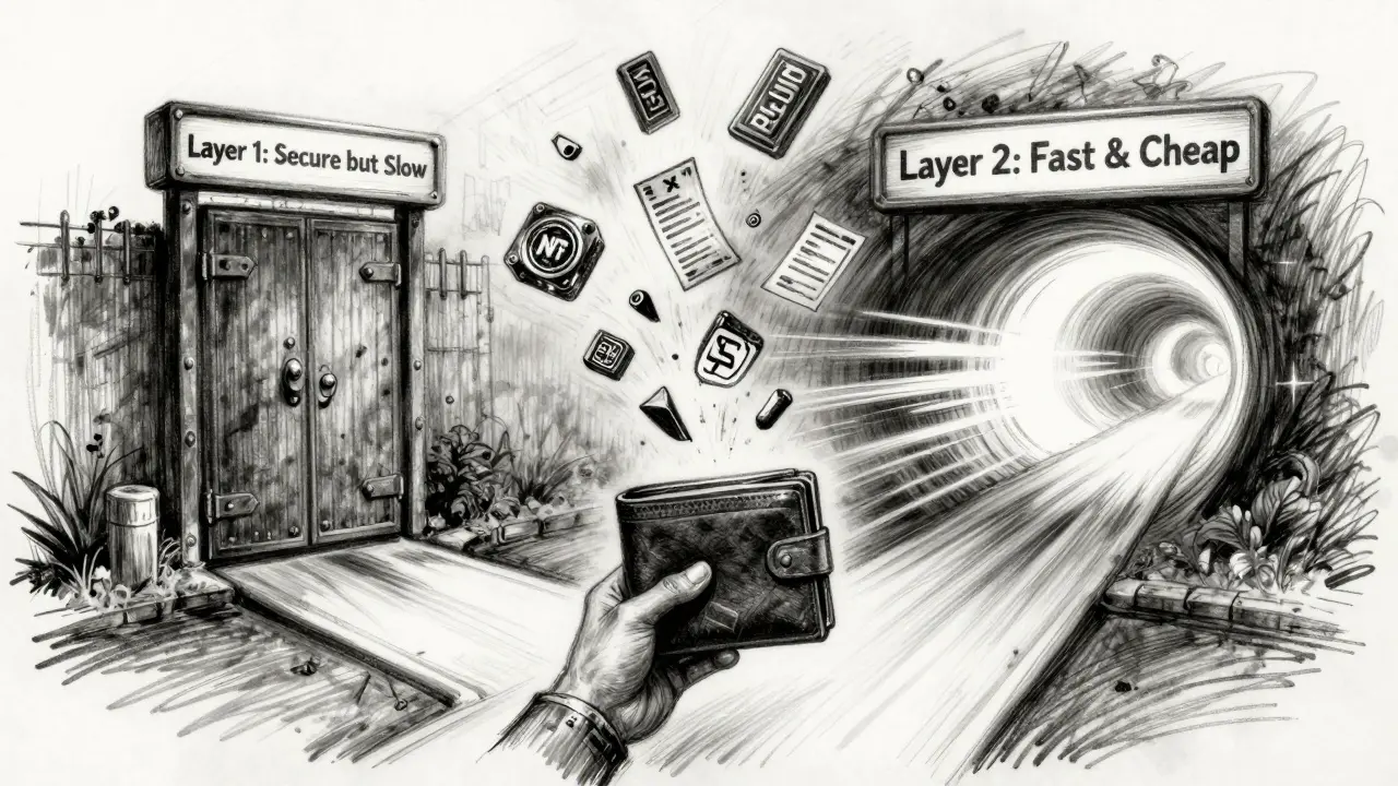 A person at a crossroads choosing between Layer 1's slow secure path and Layer 2's fast glowing tunnel.