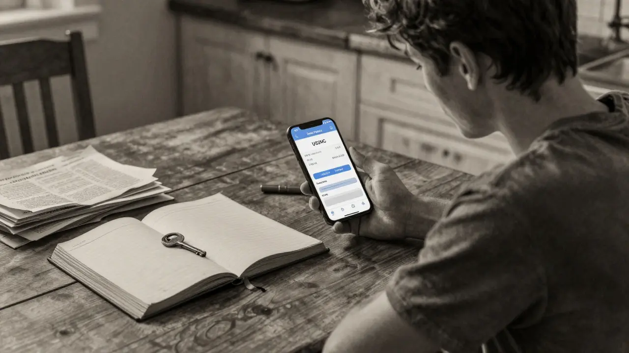 A person at a kitchen table with a phone showing rental income, next to old real estate deeds and a key.