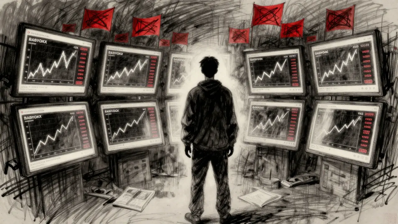 A person facing glowing exchange screens showing false prices, their reflection showing only emptiness.