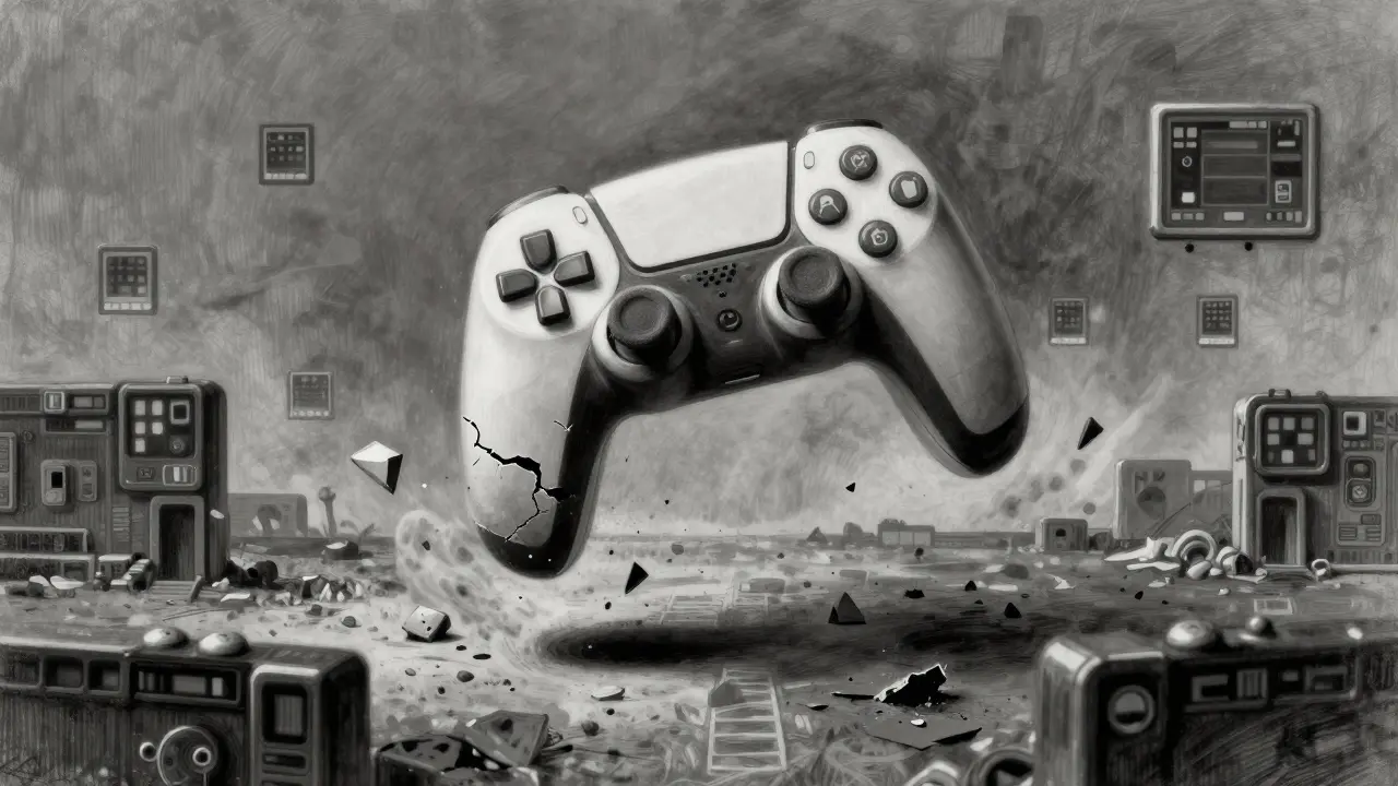 A shattered game controller with ZK icons falling into a desolate digital wasteland.