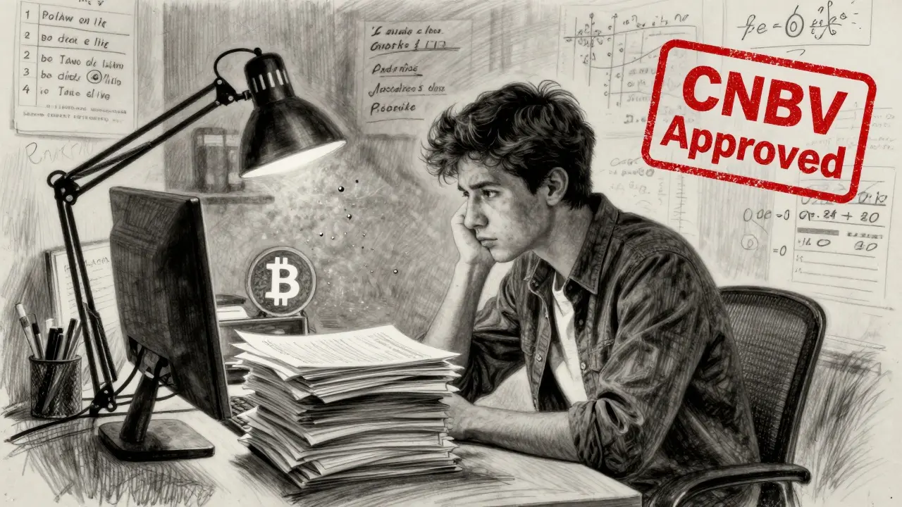 A startup founder surrounded by compliance documents under dim light, with a single Bitcoin icon glowing on a monitor.