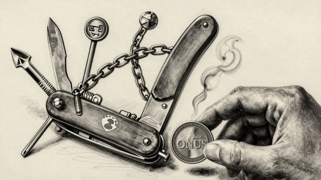 A Swiss Army knife made of blockchain chains, with ONUS token being inserted into a wallet, rendered in monochrome charcoal.