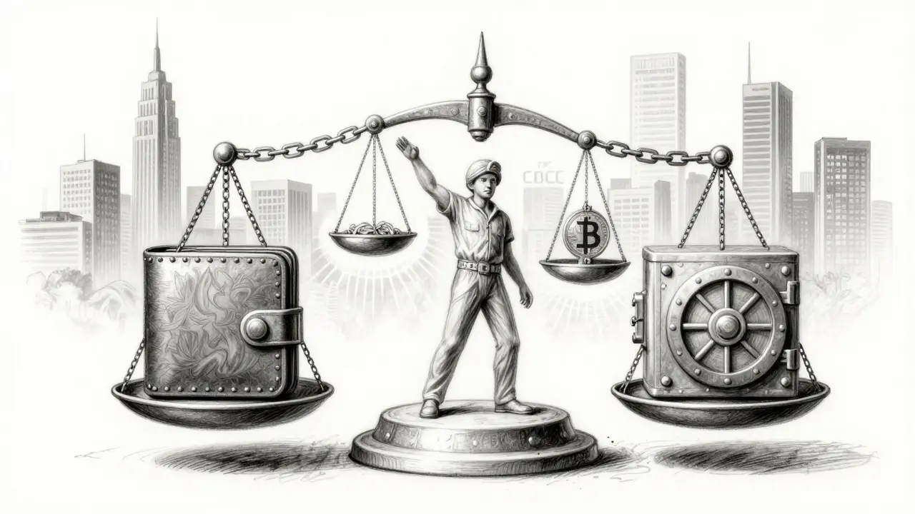 A symbolic scale balancing crypto and banking, representing Mexico's fintech regulatory tension, drawn in charcoal.