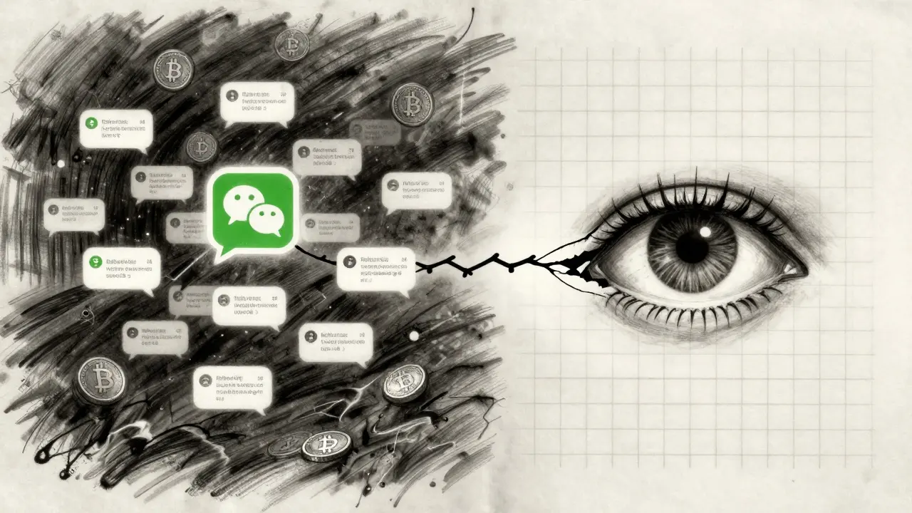 A symbolic split scene showing encrypted crypto trades versus state-tracked digital yuan transactions.