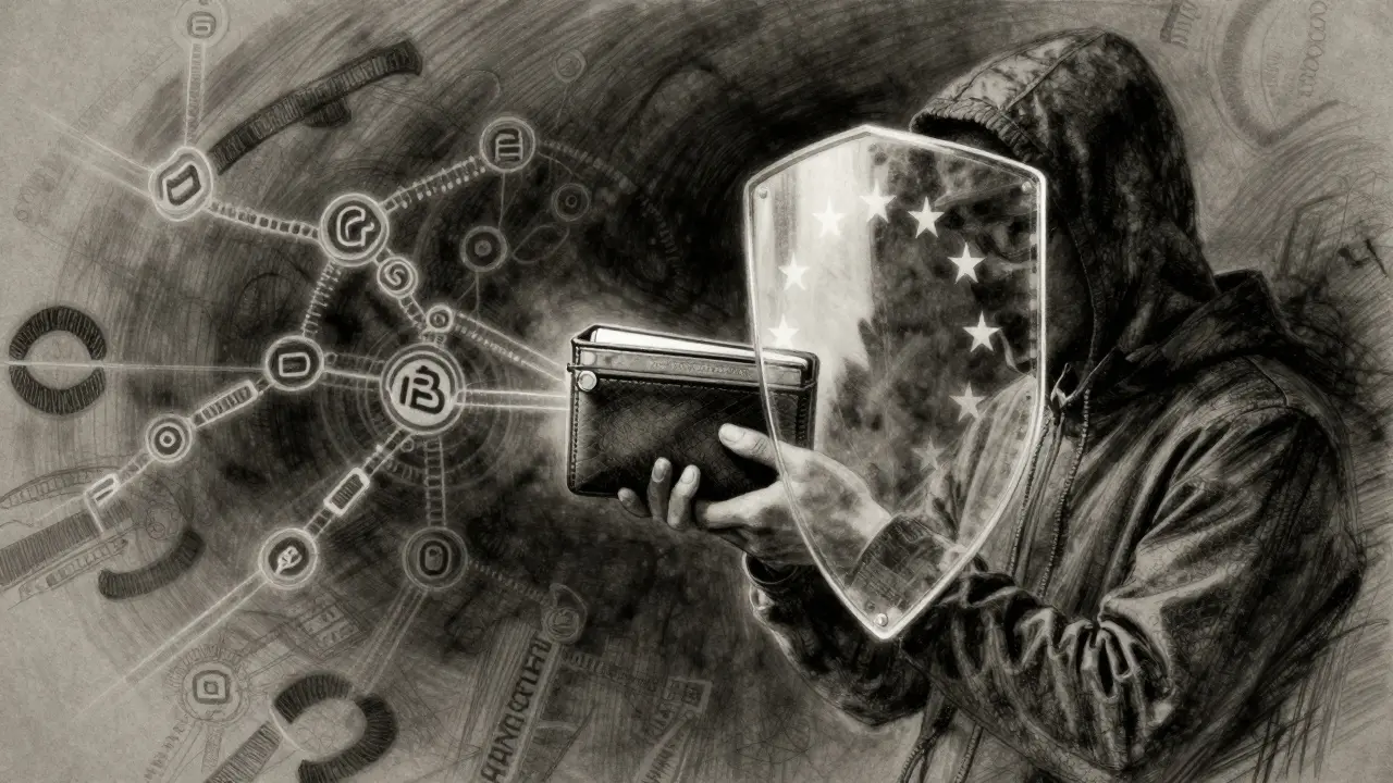 A user frozen mid-transaction as EU sanctions shield blocks their crypto transfer, with traced blockchain paths behind.