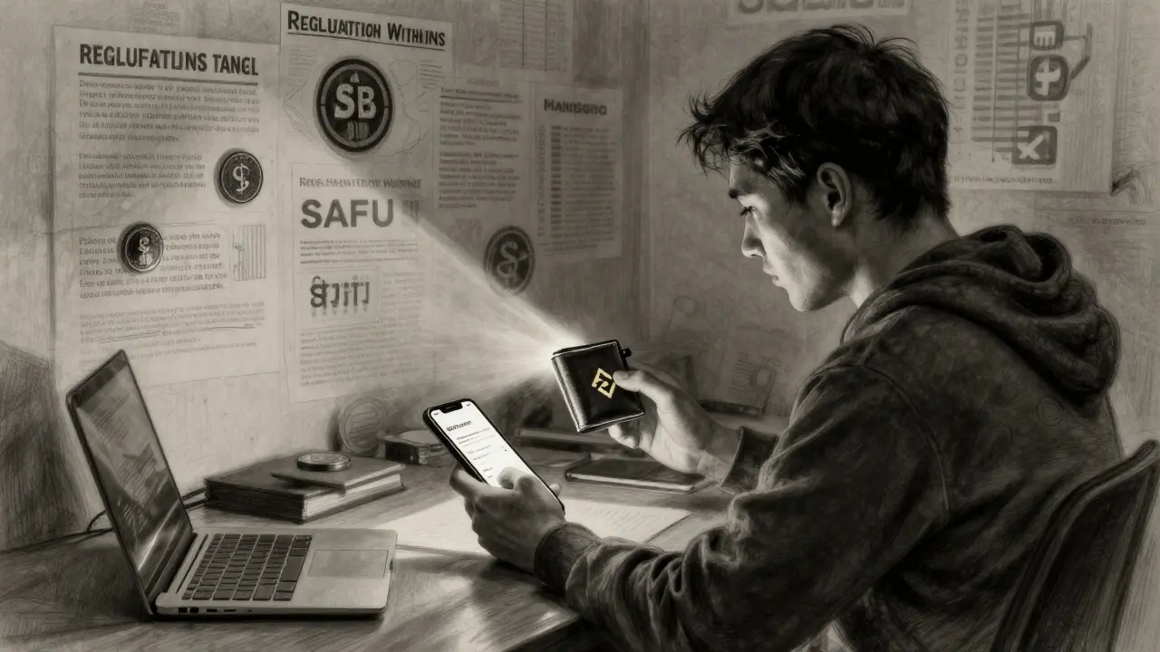 A user holding a hardware wallet beside a Binance app, with regulatory warnings fading in the background.