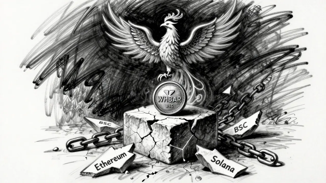 A WHBAR token on a pedestal with broken blockchain chains below and a hashgraph phoenix rising above.