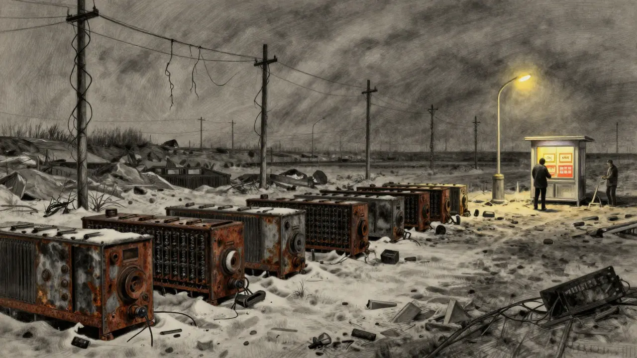 An abandoned crypto mining facility under snow, with a distant digital yuan kiosk glowing warmly under a streetlamp.