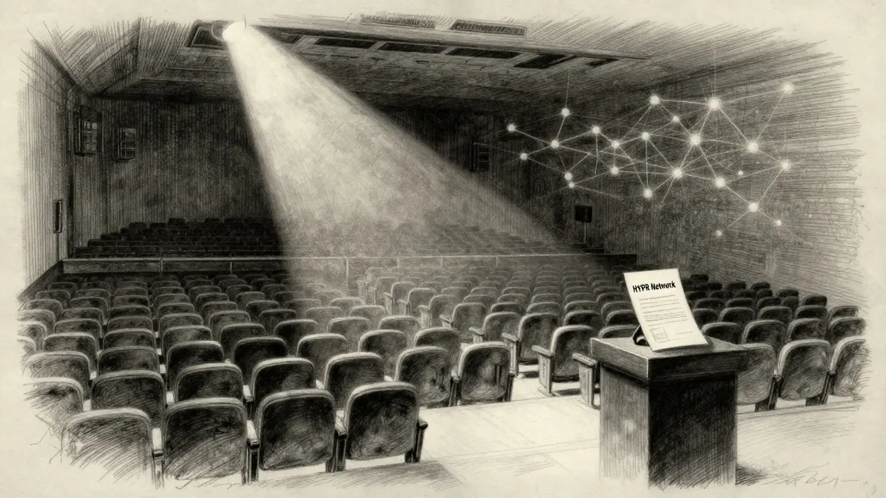 An empty auditorium with a spotlight on a HYPR whitepaper, chairs covered in dust.