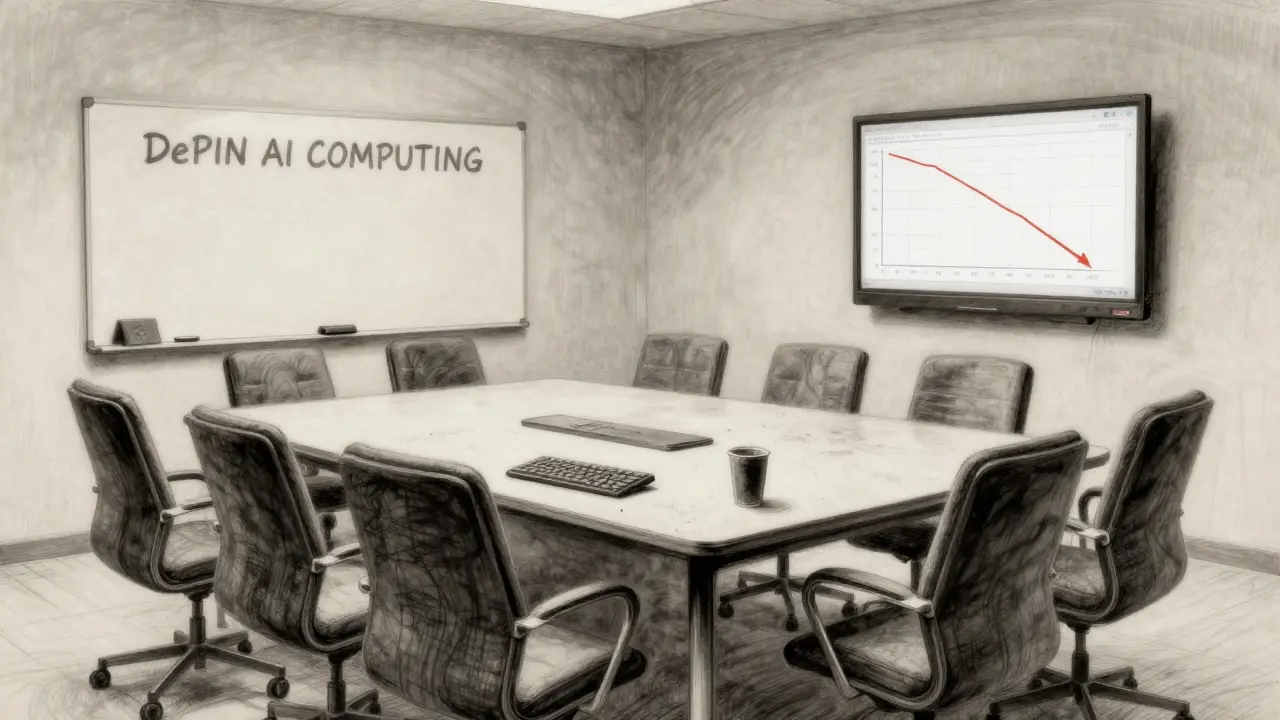 An empty meeting room with a declining ZENQ chart on a whiteboard, charcoal drawing.