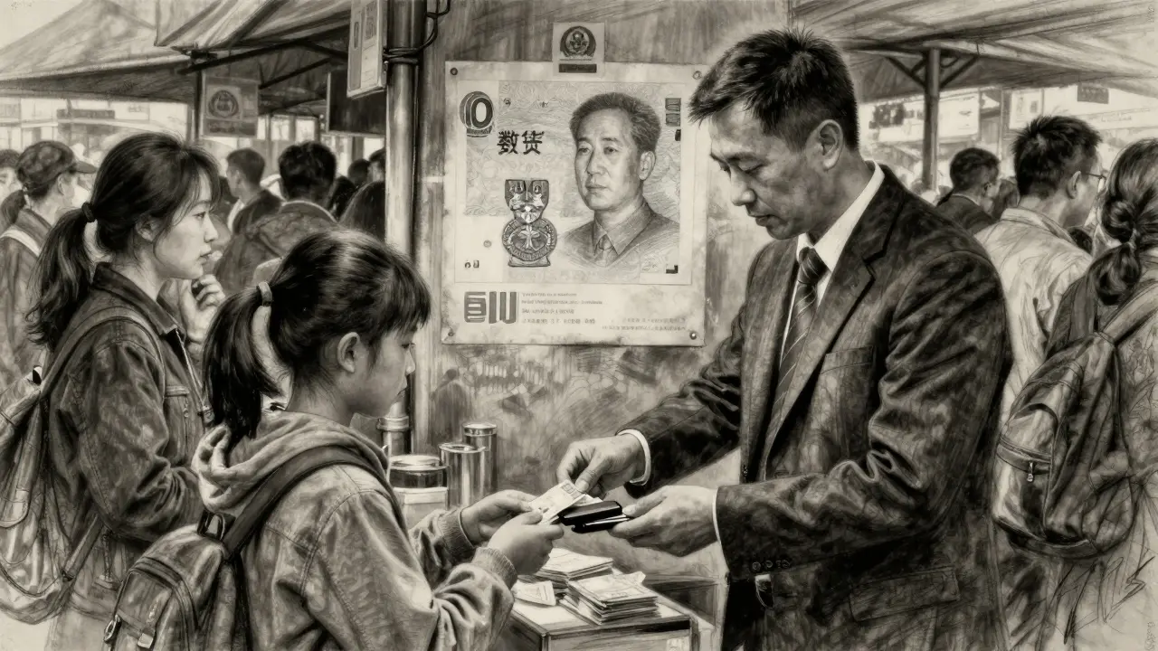An underground crypto exchange between a businessman and teenager, with a digital yuan poster in the background.