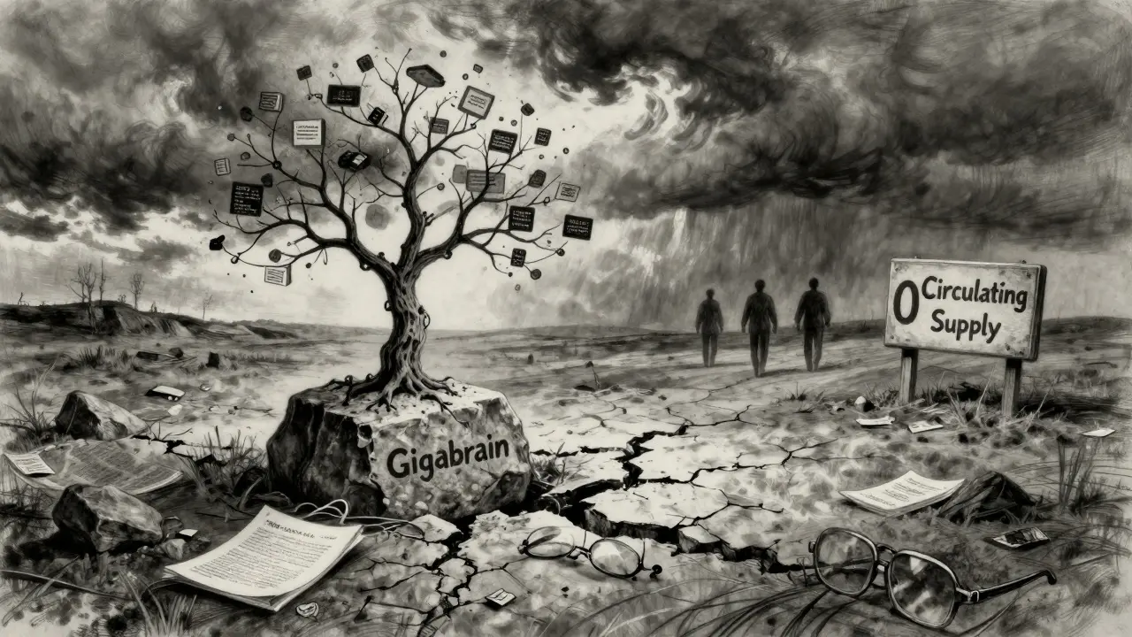 Barren landscape with a fragile tree labeled Gigabrain, connected to floating data fragments.