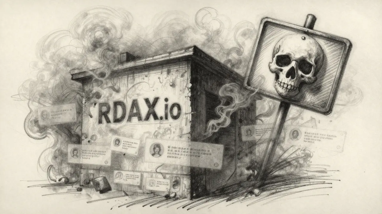 Charcoal drawing of a crumbling RDAX.io building dissolving into smoke, with a skull-shaped warning above.