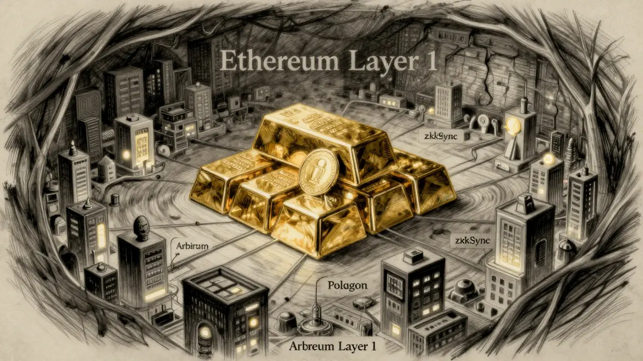 Charcoal rendering of a secure vault labeled Layer 1 beside a thriving city of Layer 2 structures connected by delicate lines.
