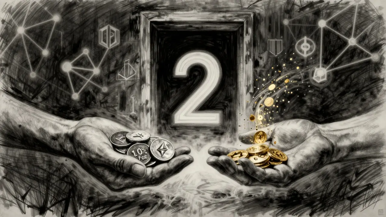 Contrasting hands exchanging ETH for yield particles through a Blast Layer 2 portal.