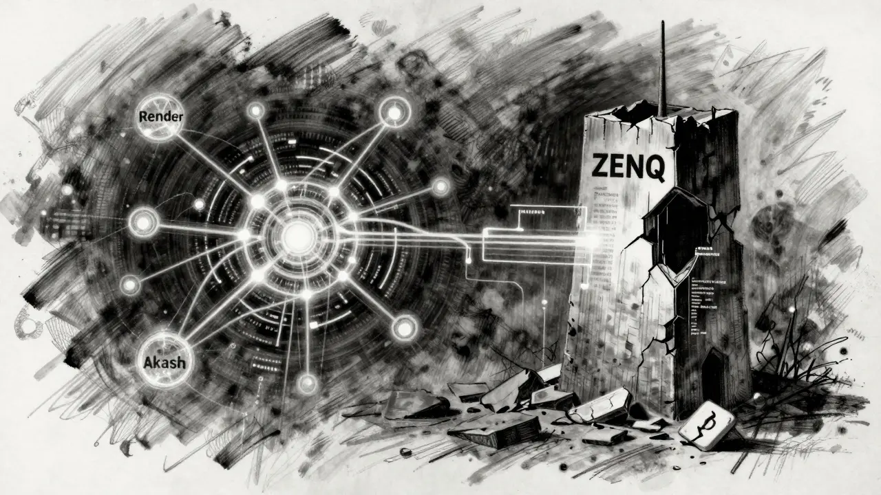 Contrasting thriving AI networks against a crumbling ZENQ tower in charcoal sketch.
