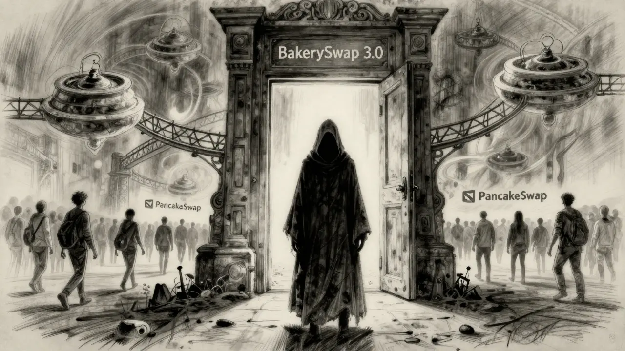 Faceless figure before a door labeled BakerySwap 3.0, with fading users walking away.