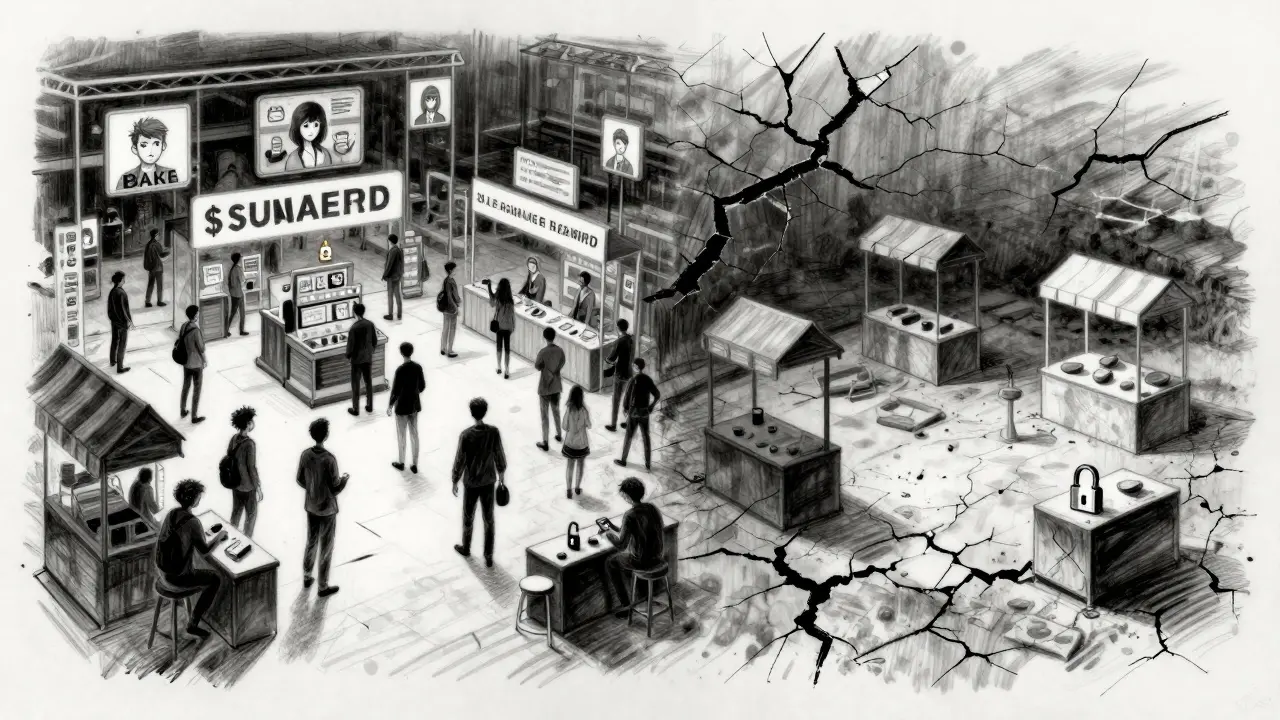 Fragmented NFT marketplace showing vibrant trade on one side and decay on the other.