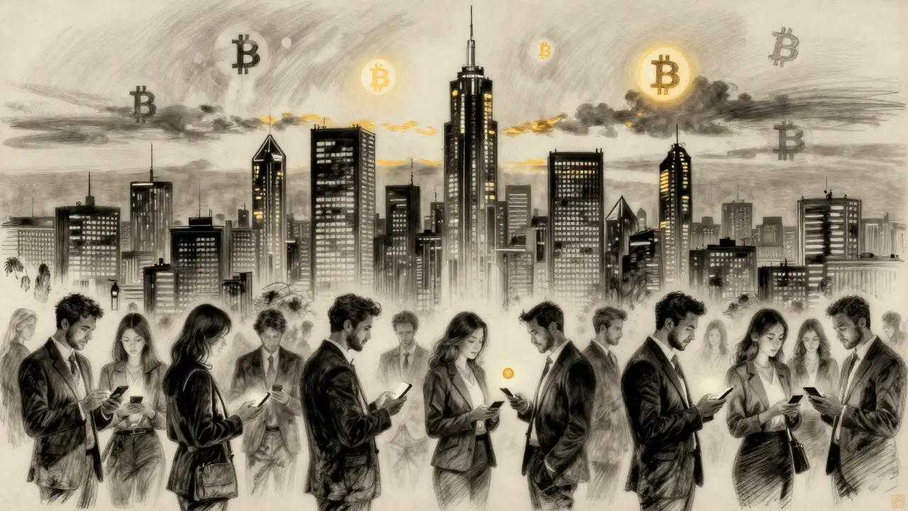 Futuristic Bitcoin City skyline with investors trading digitally at dusk.