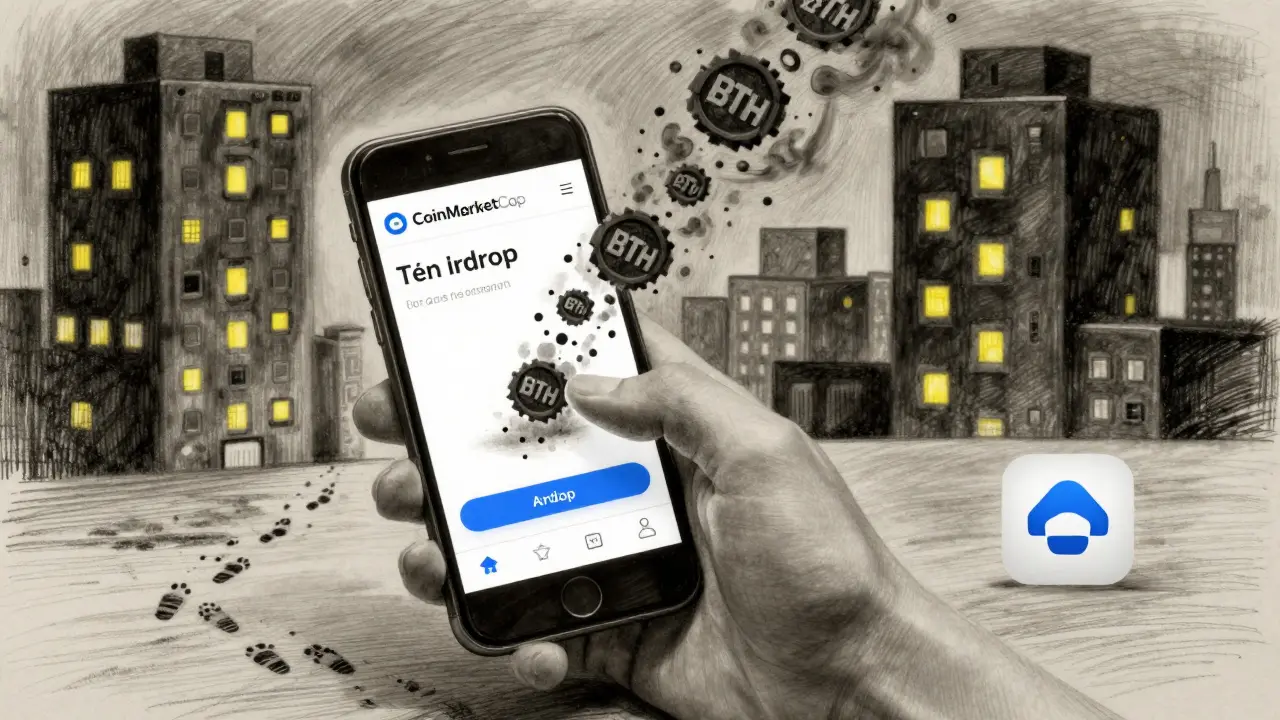 Hand holding a phone with CoinMarketCap airdrop page as BTH tokens dissolve into charcoal smoke.