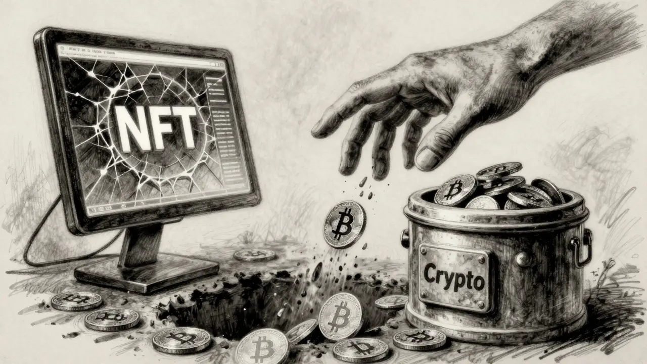 Hand reaching for a cracked NFT screen while Bitcoin coins flow into a vault, NFTs falling away.