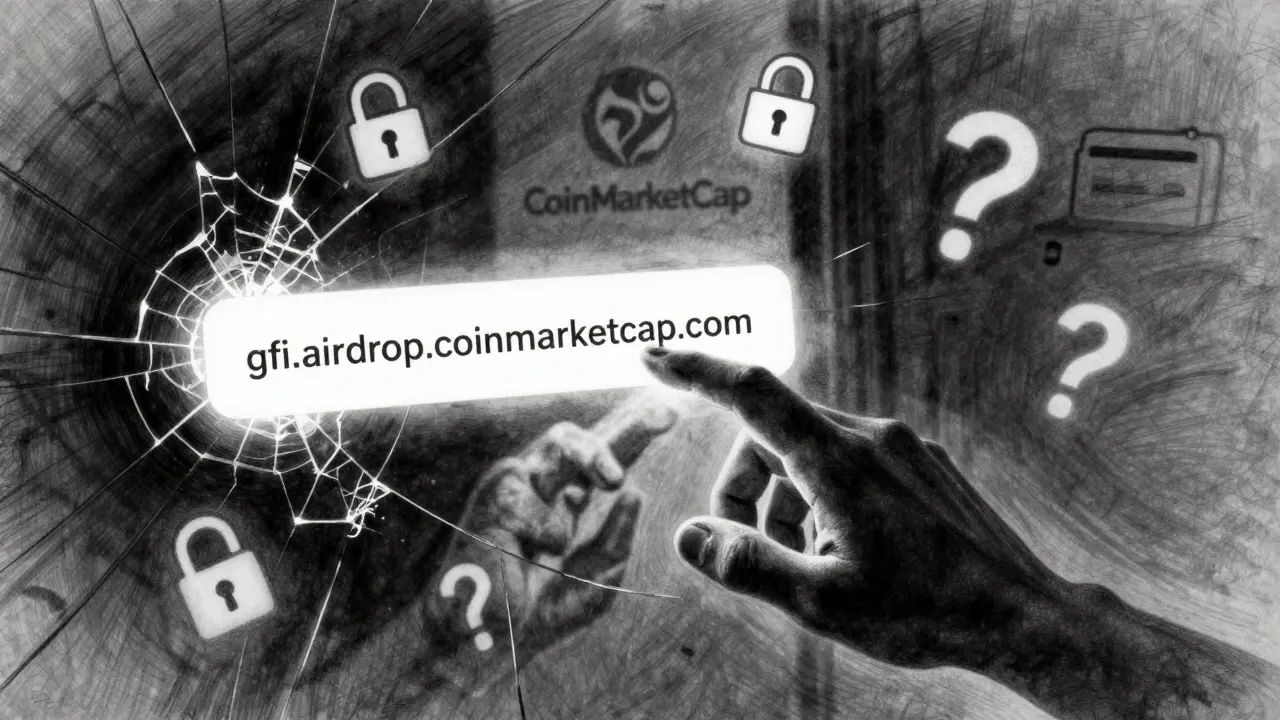 Hand reaching for a fake website URL reflected in a cracked mirror, with real CoinMarketCap logo faintly visible.