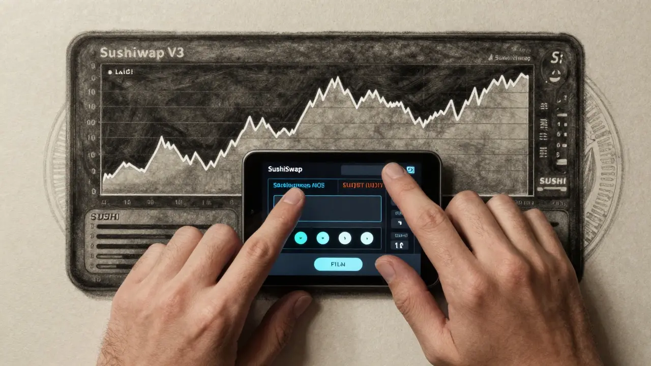 Hands interacting with a SushiSwap v3 liquidity simulator, highlighting price range adjustments.