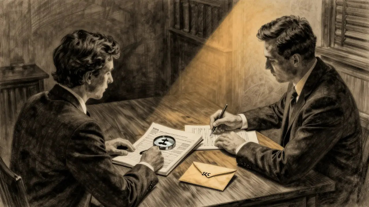 Lawyer and client reviewing crypto tax documents under a single lamp, charcoal art style.