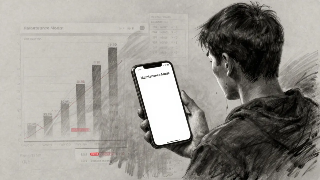 Lone user staring at a blank phone showing 'Maintenance Mode,' tear streaks on face.