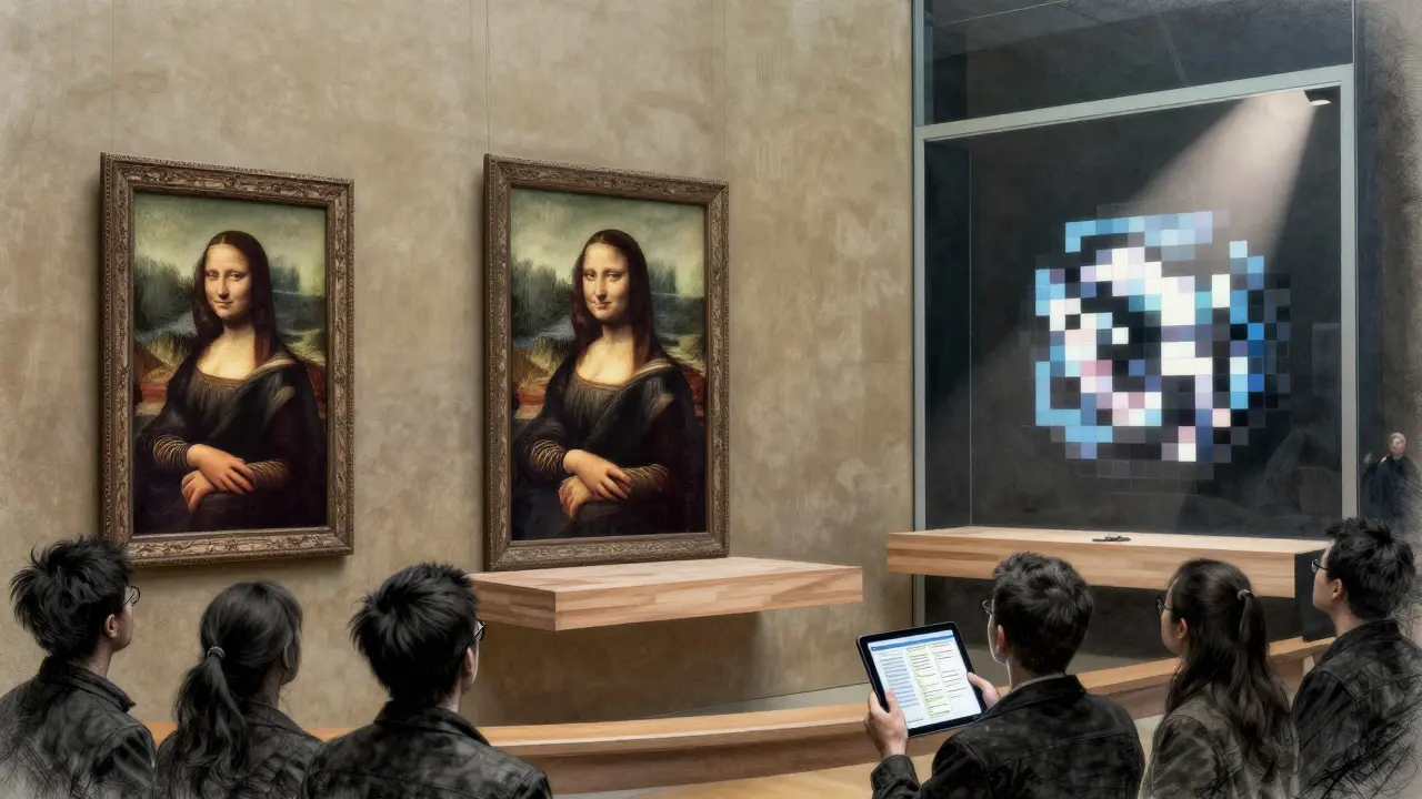 Museum scene with classical painting and digital art displayed oppositely, viewers observing both.