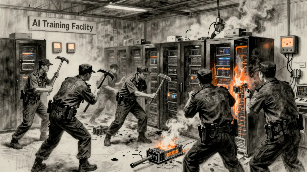 Police raid on a disguised data center, miners smashing equipment as smoke rises.