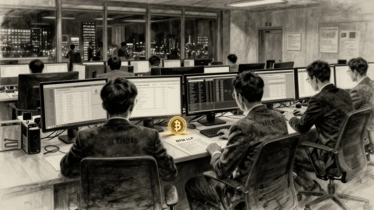 Quiet financial operations center at night with monitors showing AUSD reserve transparency and audit reports.