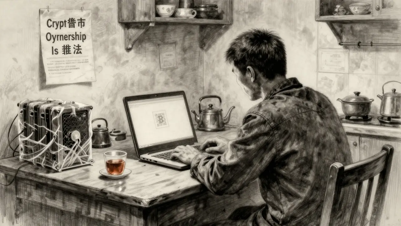 Solitary person at home staring at a blank laptop, confiscated mining gear in corner.
