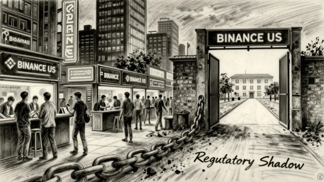 Split landscape: global Binance activity versus restricted US access, separated by a shadowy chain.