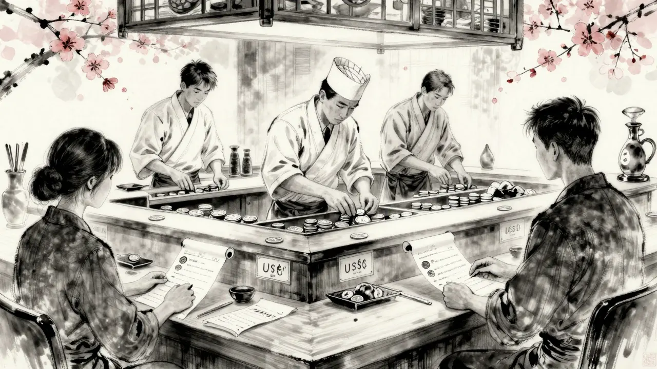 Sushi bar scene where liquidity providers place tokens in narrow price compartments under cherry blossoms.