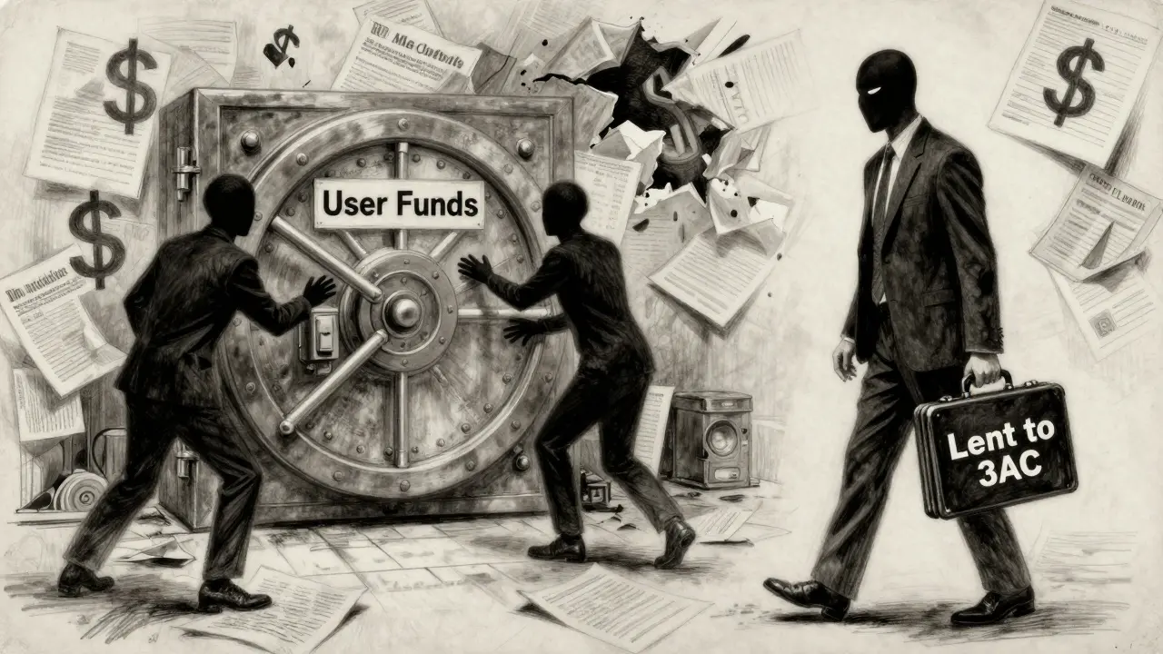 Three figures reaching for a locked vault as a masked figure walks away with stolen funds.