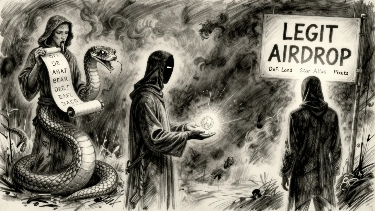 Three figures symbolizing scam risks and legitimate alternatives in a dark, expressive charcoal composition.