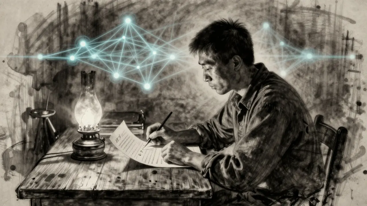 Trader at a desk reviewing a liquidity ledger under an oil lamp, with a glowing Hedera network in the background.