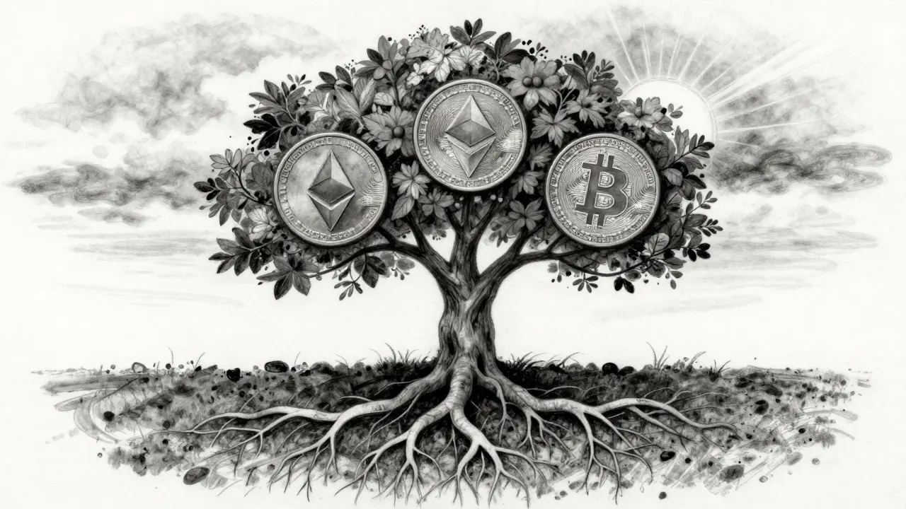 Tree growing from a crypto coin, branches shaped like Bitcoin and Ethereum, roots through market cycles under a rising sun.